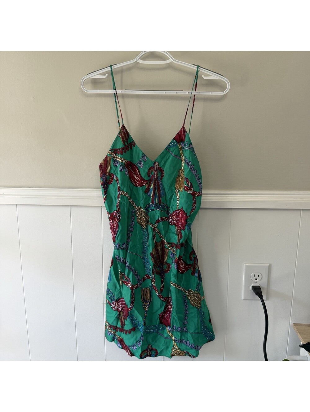 Victoria's Secret Vintage 100% Silk Slip Dress Green Tassel Print Coquette 90s